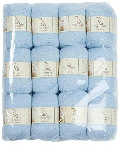 TEHETE 100% Schurwolle Yarn zum Stricken und Häkeln, Woll-Set weich 12 x 50 g, Hellblau