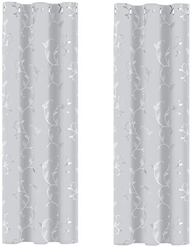 BUHUA Verdunkelungsgardinen mit Ösen, Thermo Gardinen Blickdicht Vorhänge, Verdunkelungsvorhänge Weinstock Muster Wohnzimmer, 2er Set H 137 x B 117 cm, Grau Weiß