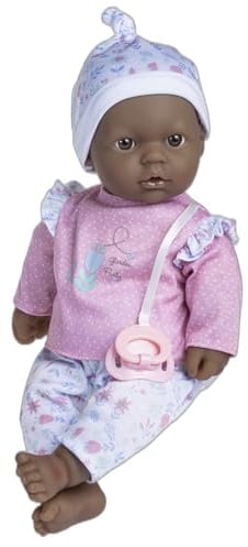 JC TOYS La Baby, afroamerikanische Puppe, 40 cm, weicher und waschbarer Körper, magische Flasche und Schnuller, rosa, blumig, entworfen in Spanien, ab 12 Monaten
