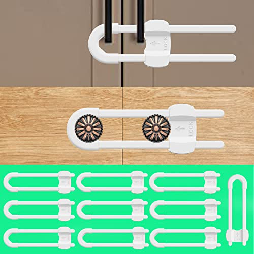 (10 Pack White) 4 Button Cabinet Locks, U-Shaped Proofing Drawers Safety Child Locks Adjustable, for Wardrobe,Kitchen,Bathroom,Drawer,Fridge,Cupboard Doors Knobs & Handles