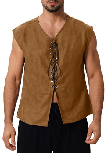 FYMNSI Men Women Medieval Vest Suede Leather Pirate Tank Top V-Neck Lace Up Renaissance Vintage Steampunk Gothic Sleeveless Waistcoat