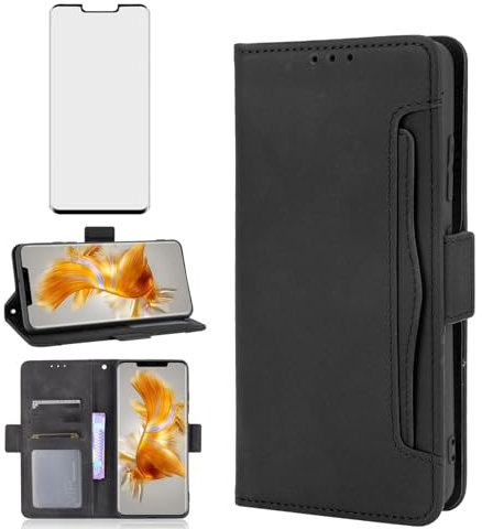 Asuwish Handyhülle für Huawei Mate 50 Pro Hülle mit Glas Folie Schutzfolie Kartenfach Klappbar Leder Geldbörse Ständer Handyhüllen Hawaii Mate50 50Pro Handy Hüllen Schutzhülle Cover Phone Case Schwarz