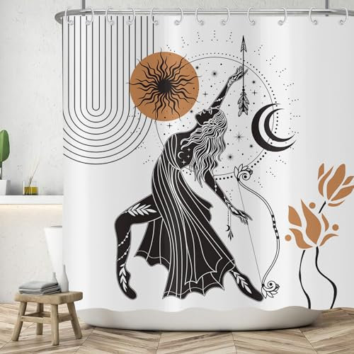 ASDCXZ Rideau de Douche Boho 180x200 cm, Style Boho Abstrait Moderne Fille Tirant Soleil Lune Fleurs Lavables Textile Rideau de Bain imperméable pour Baignoire avec 12 Crochets