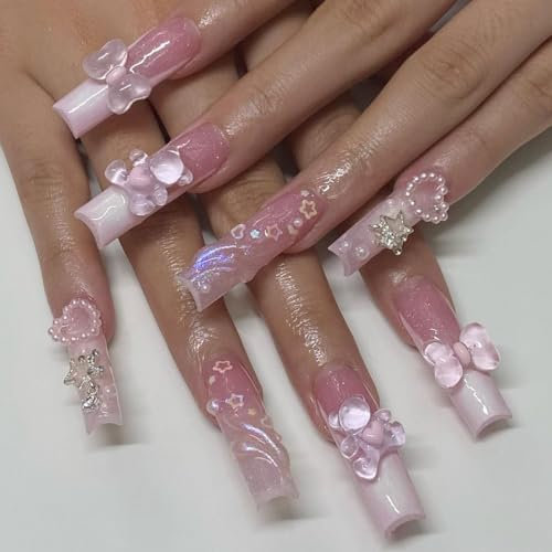 Faux Ongles Mi-longue MouyouGlow,Ballerine Rose Blanc French 3D Bow Bear Cœur Perle Étoiles Charms Press on Nails avec Colle à Ongles,Cute Coquette Fake Nails
