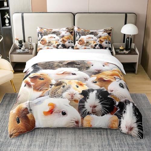 Meerschweinchen 100% Bio-Baumwolle Bettbezug,Schöne Maus Druck Tröster Abdeckung für Kinder Jungen Mädchen,3D Nette Tier Bettwäsche Set für Schlafzimmer Dekor,Kawaii Pet Bettbezug 135x200