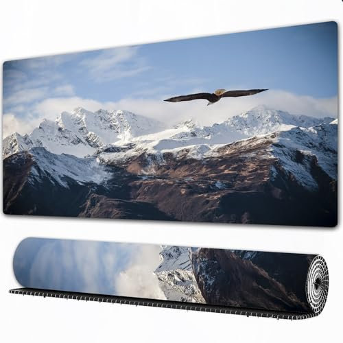 EOMKSE Mauspad Verlängertes großes Mauspad Schreibtischauflage,genähte Kanten Mauspad,Gummibasis,Flache, Gefrorene Gipfel Berggipfel mit einem Flying Eagle lib,Gaming-Mauspad,40x90 cm