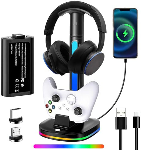 Xbox Headphone Stand with Controller Charger, RGB Xbox Controller Charging Station Headset Stand for Xbox Series X/S/One/One X/One S Charging, Equipped with 1 * 5180mWh Rechargeable Xbox Battery Pack