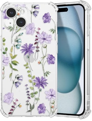DEFBSC Case for iPhone 15, Cute Clear Flower Design Phone Case for Girls Women Slim Fit Shockproof Soft TPU Bumper Protective Case for iPhone 15 - Purple