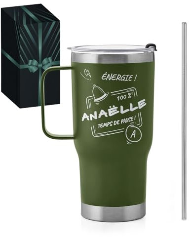 Maverton Mug Isotherme Vert 600 ml en Acier Inoxydable avec Boîte - Gobelet avec Paille et Couvercle gravé - Cadeau Anniversaire Femme - Idee Cadeau Femme