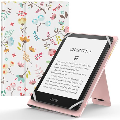 MoKo Étui Universel pour 6 6.8 7 Kindle eReaders Fire Tablette - Kindle/Kobo/Voyaga/Lenovo/Sony Kindle E-Book E-Reader Tablette, Coque en PU avec Support Réglable et Dragonne, Fleurs Brillantes