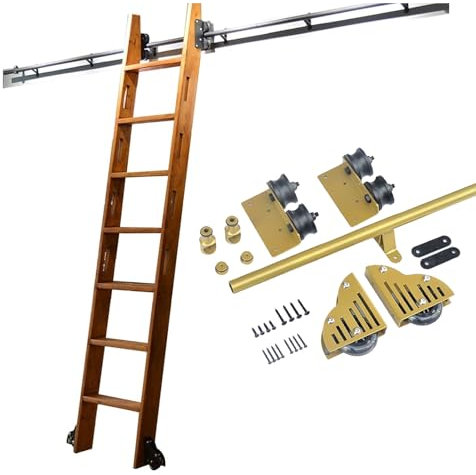 Bibliotheksleiter Hardware Kit Schiebetür Kit 100–720 cm goldene Schiebeleiter-Hardware für Bibliotheken, Rollleiter-Bausatz für Bücherregale, Schienensatz für mobile Leitern aus Eisen, Gleitrollensys