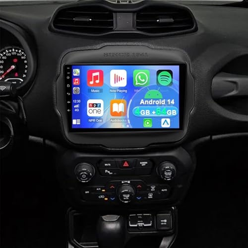 4+64G Android 14 Autoradio für Jeep Renegade 2015–2021 mit kabellosem Carplay Android Auto, 9 Zoll Touchscreen Auto Stereo Display Player Radio GPS Navigation Head Unit mit SWC Split Screen Bluetooth