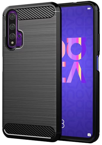 Techsuit für Huawei Nova 5T Honor 20 Hülle mit Soft Touch, Stoßfest, Kameraschutz, Erhöhte Kanten, Luftkissen Ecken, Anti Fingerabdruck, Flexibel, Carbon Silicone Series, Schwarz