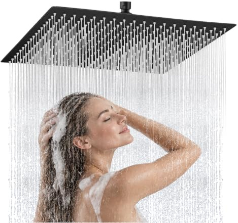 Inscrip Duschkopf Regendusche 16 Zoll, Regenduschkopf Edelstahl 304 Quadrat 40x40cm Groß mit 324 Düsen, 360° Verstellbarer Dusche Kopfbrause mit Selbstreinigenden Düsen, G1/2 Innengewinde (Schwarz)