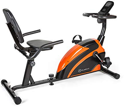 Klarfit Bicicleta Estática con Respaldo para Hacer Ejercicio Sentado l Bicicletas Estaticas con 8 Niveles, Soporte Tablet, Peso hasta 100 Kg., Volante Inercia 12 Kg. l Bici Estatica Silenciosa, Negra