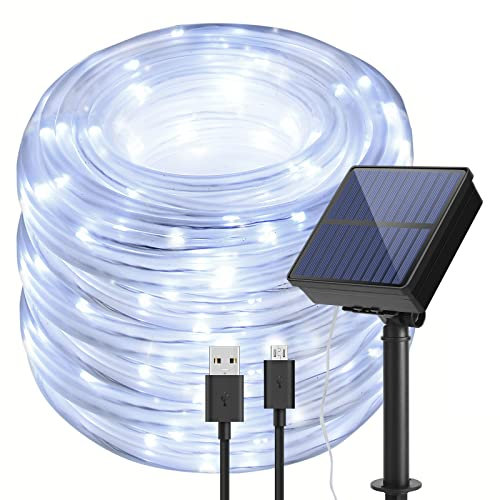 IMAGE Solar Lichtschlauch 13M LED Lichterkette mit 100 Leds Lichterschlauch für Innen und Außen Gartendeko Baum Party, kaltweiß
