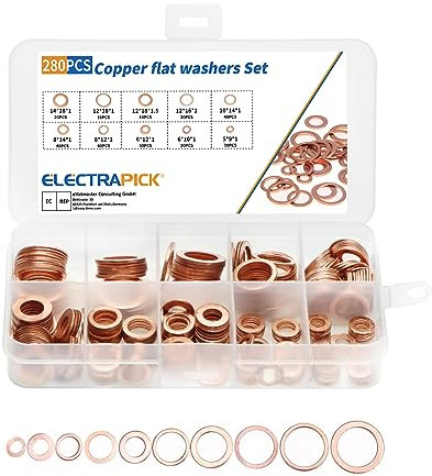ELECTRAPICK 10 Sizes 280pcs-O Ring Washers Set, Flat Ring Seal Copper Gasket Kit Hardware with Plastic Box, M5-M12 Metal Washers Round Spacers Assortment for Home