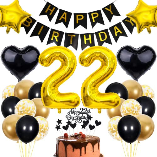 Cnrose 22. Geburtstag Dekoration,Schwarz Tortendeko Geburtstag 22 Jahre Mann,Party Deko Gold Schwarz,22 Geburtstag Männer Frau,Tortendeko 22. Geburtstag Frauen,Geburtstagsdeko 22 Jahre Mann