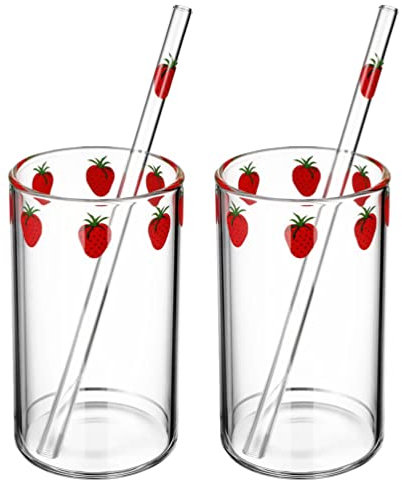 HEMOTON 2 Sets Glass Strawberry Print Milk Cups with Straw, 10.5Oz Transparent Juice Mugs for Tea, Coffee, Cocktails, and Beverages, Ideal for Home and Indoor Use