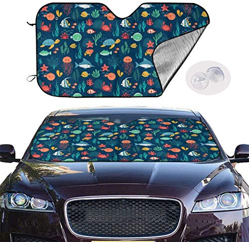 Ocean Fish Schildkröte Quallen Art Windschutzscheibe Visier und Schild Auto Sonnenschutz Neuheit Automobilzubehör 140 cm × 70 cm