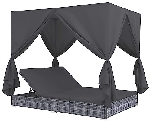 SKM Outdoor-Lounge-Bett mit Vorhängen Poly Rattan Grau, Weight: 37.42 kg, 45647