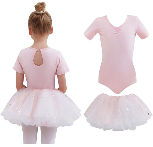 Tancefair Kinder Ballettkleidung Ballettkleid Mädchen Kurzarm Glitzernder Balletttrikot Zweiteiliges Tanzkleid Tanztrikot Tanzbody Ballett Outfit Gymnastikanzug Trikot mit Rock Tütü
