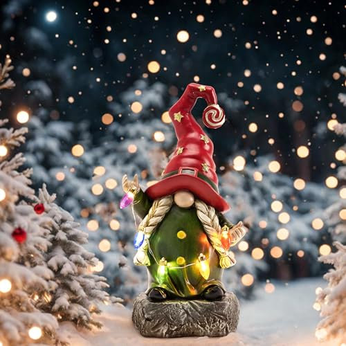 TERESA'S COLLECTIONS Weihnachten deko, Gartendeko für Draußen, Weihnachtsdeko mit LED-Lichterkette, Rote Christmas Deko aus Kunstharz, Gartendeko, Rote Weihnachtswichtel, 22cm