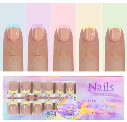 GZMAYUEN Kurz Square Press on Nails Nail Tips Pastell, Pastell Blau Lila Rosa Gelb Grün Nägel zum Aufkleben Full Cover Fingernägel Soft Gel Nägel Tips 150 Stück 15 Größe