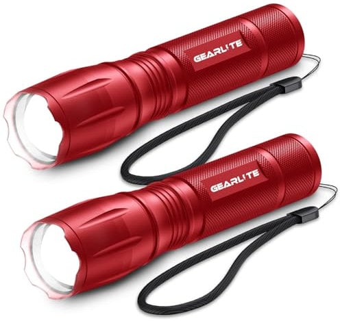 GEARLITE Lampe Torche LED Ultra Puissante 2 Pièces, 2200 Lumens Mini Lampe de Poche Enfant avec 5 Modes, IPX6 Étanche IncassableLampe Torche Tactique Zoomable pour Camping Randonée Urgences Rouge