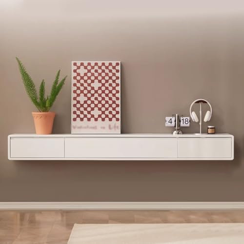 Meuble TV mural flottant en bois blanc (160 cm) multimédia moderne sous meuble TV