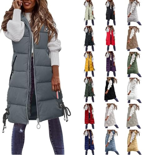 Women's Long Hooded Gilets Sleeveless Zipper Padded Quilted Jacket Winter Warm Vest Coats Outdoor Windproof Parka Outwear Plus Size Waistcoats Jackets Coat (Grey-c, L)