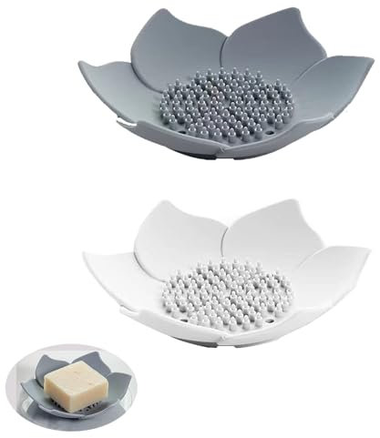 Lot de 2 Porte Savon, Porte savones à Fleurs avec Drain,Porte Savon en Silicone, Porte savones Cuisine, Plat pour I'éponge, pour Douche, Salle de Bain, Cuisine, Blanc et Gris