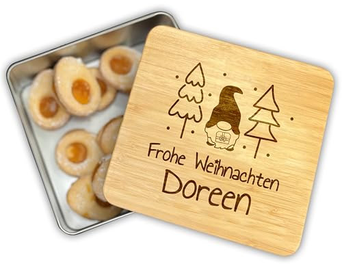 Unikatolo Personalisierte Keksdose mit Wunschtext oder Name graviert, Plätzchendose Stollendose Blechdose mit Bambusdeckel, Gravur, Geschenke aus der Küche (Wichtel)