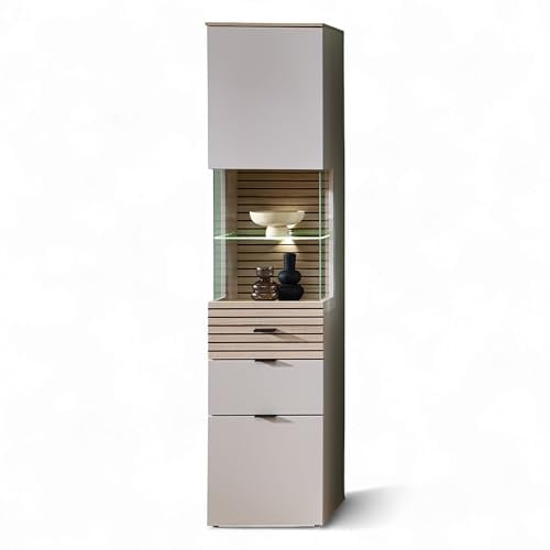 Stella Trading INA Vitrine in Kaschmir, Riva Eiche Optik FSC-Zertifiziert - Moderner Vitrinenschrank mit LED-Beleuchtung und viel Stauraum - 45 x 200 x 36 cm (B/H/T)