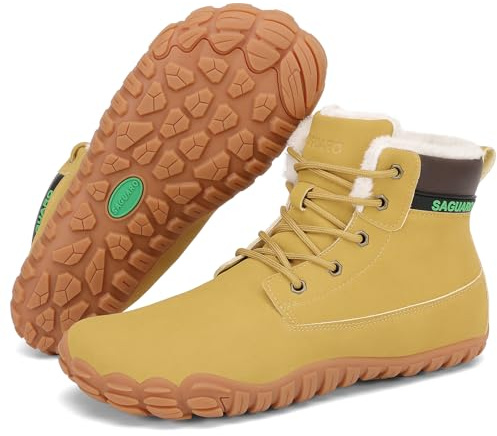 SAGUARO Scarpe Barefoot Uomo Stivaletti Invernali con Pelo Caldo Stivali da Neve Impermeabili Antiscivolo Scarponcini Leggere Minimaliste, Giallo, 42 EU