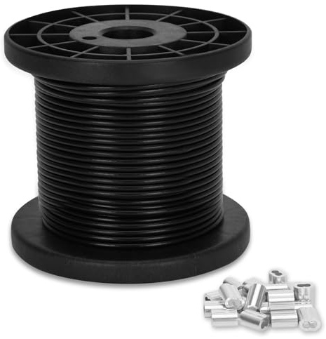 304 Stainless Steel Wire Rope Cable, 60m Length, 2.38mm Diameter, Black Vinyl Coated, Wire for String Lights & Clotheslines, Suitable for Outdoor Light Suspension, Climbing Plants (Length：60M)