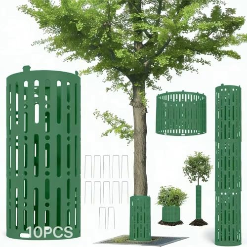 Baumstammschutz - 10er Set (20 x 33cm), Erweiterbarer Baumschutzhülle, Stammschutz – mit 10 U-Klammern,Baumschutz Wildverbiss,Schutz Baumstamm,Baumschutz Stammschutz mit Lüftungslöchern. (Dunkelgrün)