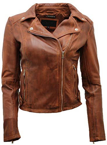 Ladies Coniac Tan Vintage Brando 100% Leather Biker Jacket 8