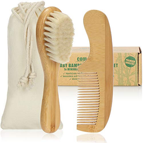 com-four® Babybürste und Babykamm ab 0 Monate für Neugeborene und Kleinkinder - Babyhaarbürste aus Bambus mit weicher Schafswolle - Haarbürste Babyhaar (Kamm + Haarbürste - Schaf)