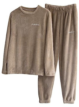 ORANDESIGNE Pigiama Donna Invernale Caldo Pigiami Maniche Lunghe Pile Super Morbido Pigiami Due Pezzi da Donna D Cachi L