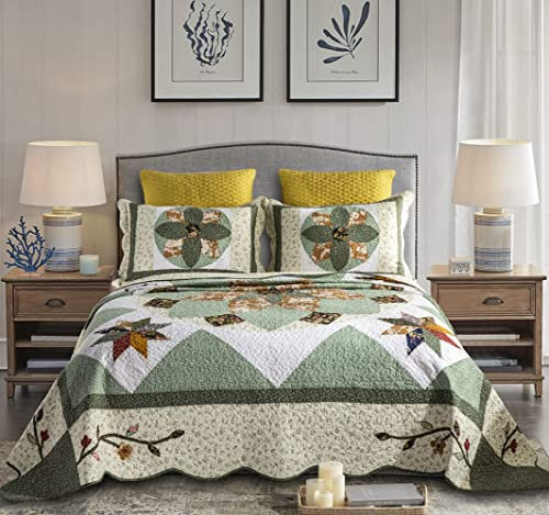 YAYIDAY Quilt King Size Patchwork Tagesdecken-Set – 100% Baumwolle, wendbar, atmungsaktiv, grüne Erde, geometrische Steppdecke mit Kissenbezügen für alle Jahreszeiten