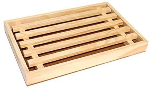 Tradineur - Tabla para cortar pan de madera con recogemigas y rejilla extraíble, madera natural, cocina - 32 x 22 x 2,5 cm