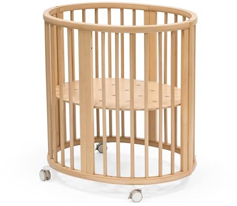Stokke Sleepi Mini, Natural - Ovales Kinderbett für 0-6 Monate - Höhenverstellbares Gestell, feststellbare Schwenkräder, perforierte Matratzenauflage für Luftzirkulation
