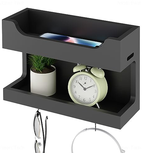 NiHome Wall Mounted Wooden Bedside Accessories Organizer, Double Tray Bedside Wall Storage Shelf Rack with Magnetic Hooks, Bedroom Dorm Wall Caddy Holder for Phone Glasses Alarm Clock Remote (Black)