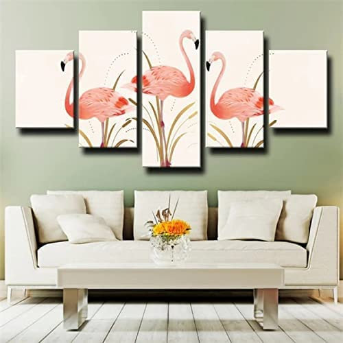 Bilder Leinwandbilder Rosa Flamingo Vlies Leinwand 5 Teilig Wandbilder Kunstdrucke Wandbild Bild Auf Kunstdruck Wanddeko Wand Wohnzimmer Wanddekoration Deko Modern Xl/150 X 100 Cm