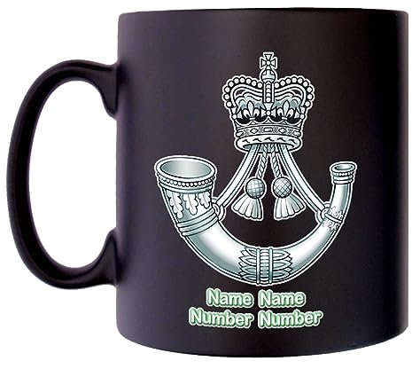 The Rifles Mug with Personalise Option Image of Military Emblem Flag Crest Insignia MOD Official Product Coffee Tea 10oz Black Satin Klassek Gift Present