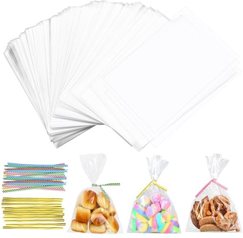 Tigvio 200pcs Cellophantüten 15x10cm Klarsichttüten zum Befüllen, mit Cellophantüten Klein und Metallbänder, als Kleine Tüten für Süßigkeiten auf Partei, Zellophantüten Durchsichtige Tüten