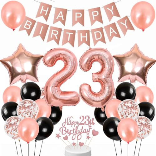 Conruich Geburtstagsdeko 23 Jahre Frauen, Luftballon 23. Geburtstag Deko Frau, Rosegold Tortendeko Geburtstag 23 Jahre Frau, Happy Birthday Banner für 23. Geburtstag Frauen Manner Party Dekoration