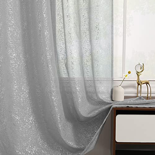 TERLYTEX Durchscheinende Vorhänge in Silber, 228,6 cm Länge, für Wohnzimmer, 2 Schals, Lichtfilterung, Metallic-Silber, für Schlafzimmer, Stangendurchzug, glitzernd, 132 x 228 cm, Silber/Grau