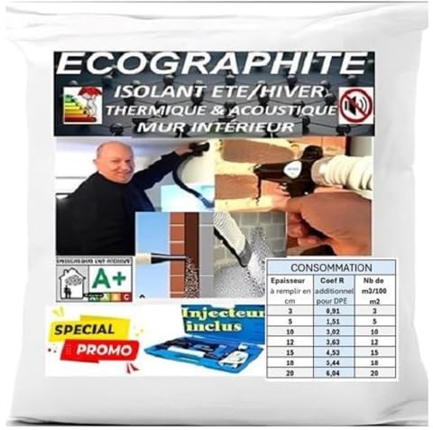 ECOGRAPHITE Isolation interieur Murs ou Doublage et tous Vide d'air -20m2 en 10cm epaisseur pour R≥ 3 (2m3)-Injecteur Inclus-Isolant Thermique et Acoustique - Isolant Vrac - Fabriqué en France -2000L